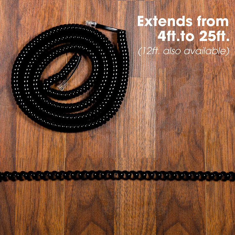 Power Gear Coiled Telephone Cord, 4 Feet Coiled, 25 Feet Uncoiled, Phone Cord works with All Corded Landline Phones, For Use in Home or Office, Black, 76139 1 Pack