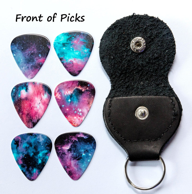 Galaxy Guitar Picks With Leather Plectrum Holder Keyring 6 Double Sided Picks