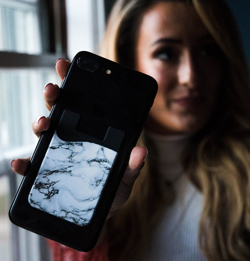 (Two) Marble Cell Phone Stick on Wallet Card Holder Phone Pocket for iPhone, Android and All Smartphones. (White) white