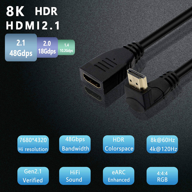 8K 90 Degree HDMI Cable,Gelrhonr Ultra High Speed 48Gbps Up Angled HDMI 2.1 Extension Cable Support 8K@60HZ 4K@120HZ HDCP 3D，Compatible with UHD TV, Blu-ray, PS3/4（0.6M） (Up Male/Female) Up Male/Female