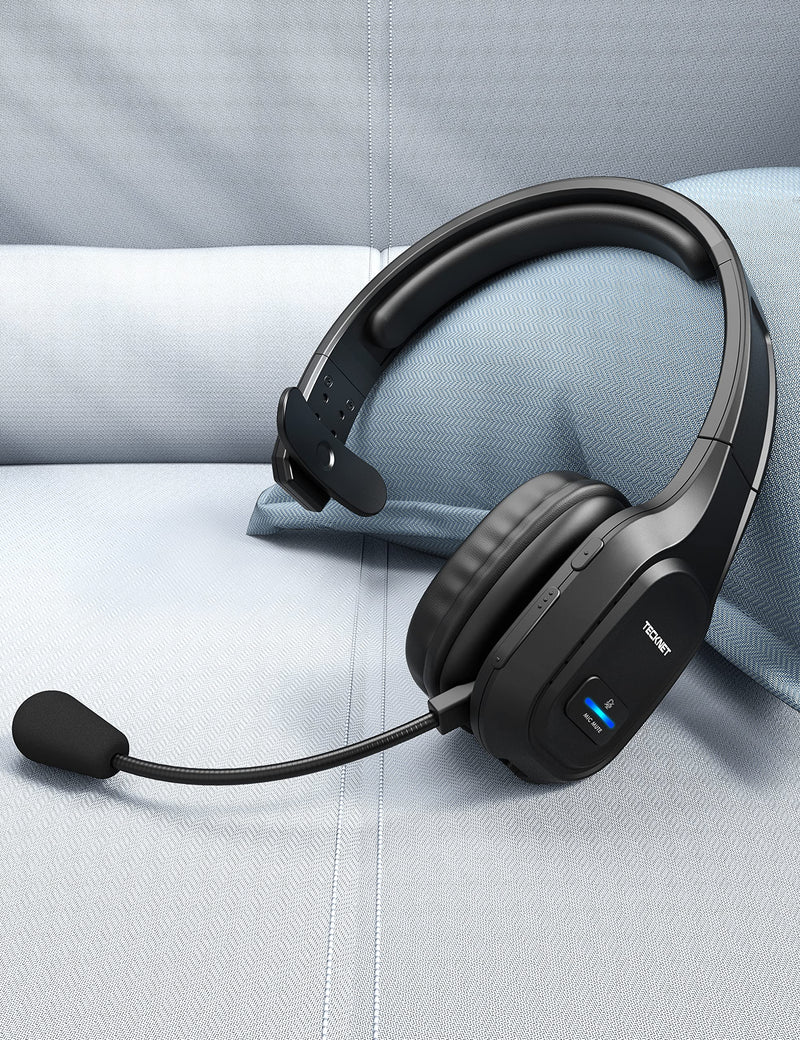 TECKNET Bluetooth Trucker Headset with Microphone Noise Canceling Wireless On Ear Headphones, Hands Free Telephone Headset for Cell Phone Computer Office Home Call Center Skype (Black) Black