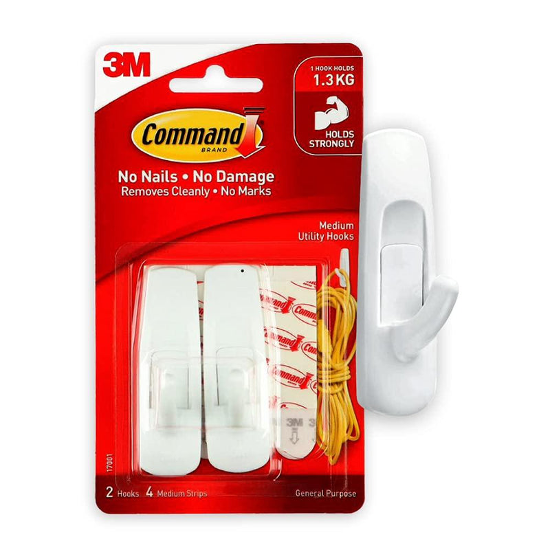 Command Medium Utility Hooks, White, 2-Hooks, 4-Strips, Organize Damage-Free 2 Hooks
