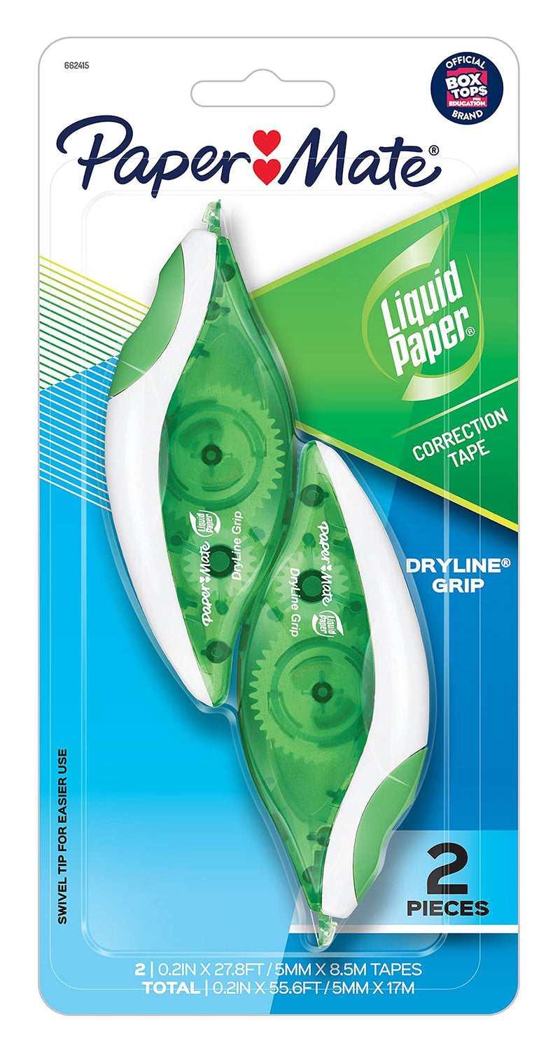 Paper Mate Liquid Paper DryLine Grip Correction Tape, Green , 2 Count