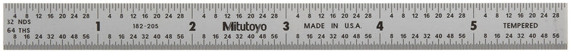 Mitutoyo 182-205, Steel Rule, 6" X 150mm, (1/32, 1/64", 1mm, 1/2mm), 1/64" Thick X 1/2" Wide, Satin Chrome Finish Tempered Stainless Steel