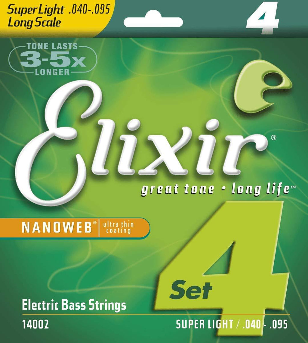 Elixir Strings Nickel Plated Steel 4-String Bass Strings w NANOWEB Coating, Long Scale, Super Light (.040-.095) Super Lt., Long Scale (.040-.095) 4 String