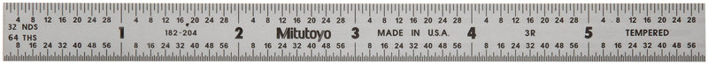 Mitutoyo 182-204, Steel Rule, 6" (3R), (1/32, 1/64", 1/10", 1/50"), 1/64" Thick X 1/2" Wide, Satin Chrome Finish Tempered Stainless Steel