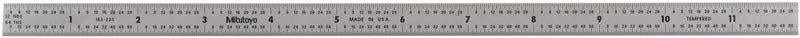 Mitutoyo 182-225, Steel Rule, 12"/300mm, (1/32", 1/64", 1mm, 1/2mm), 1/64" Thick X 1/2" Wide, Satin Chrome Finish Tempered Stainless Steel