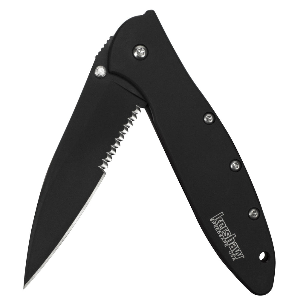 Kershaw Leek, Black Serrated Pocket Knife (1660CKTST); 3 inch Partially Serrated 14C28N Steel Blade, 410 Stainless Steel Handle, Cerakote Blade Finish, SpeedSafe Open, Pocketclip, 3 OZ