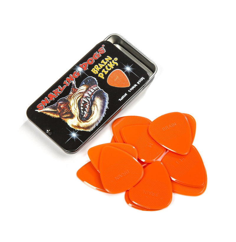 Snarling Dogs Brain TNSDB351 1.14 Guitar Picks, 12-Piece, Collectible Tin, Orange Nylon, 0 1.14mm