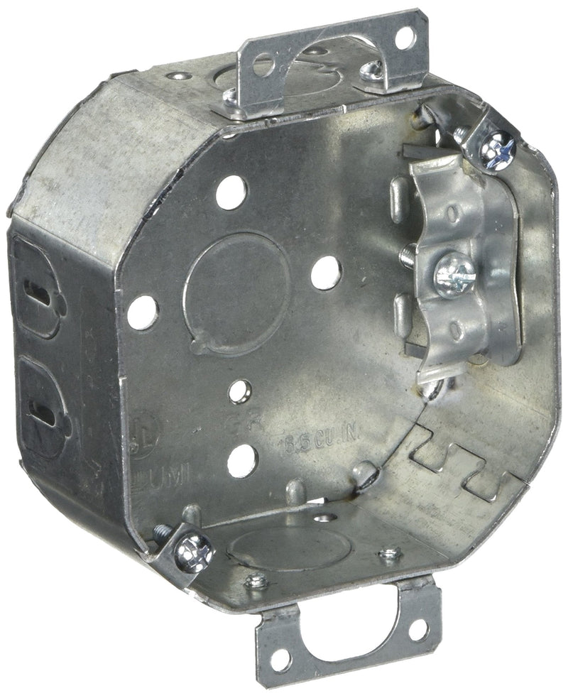 4 in. Octagon Box, Drawn, 1-1/2 in. Deep, Three 1/2 in. KO's & NMSC Clamps, Plaster Ears