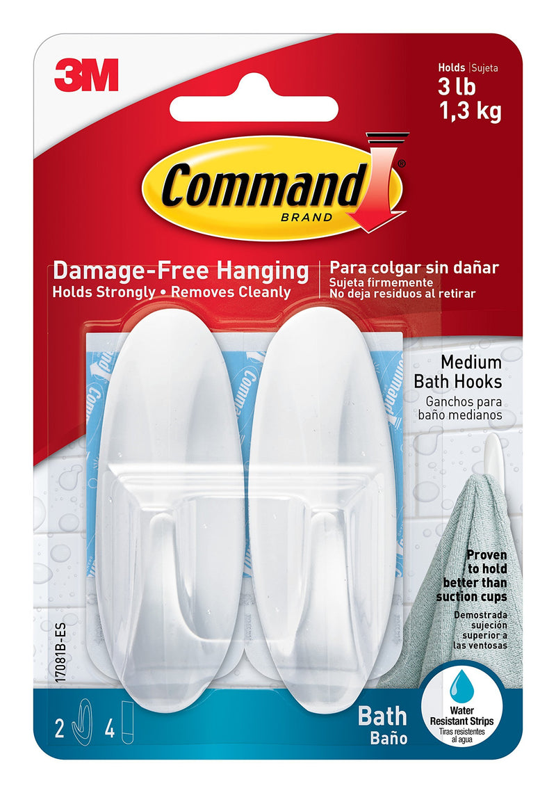 Command Medium Designer Bath Hooks, White, 2-Hooks, 4-Water-Resistant Strips, Organize Damage-Free 2 Hooks White-Bath