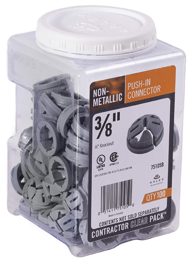 Halex, 3/8 in. - 1/2 in. Knockout Non-Metallic Push-In Connector , 75105B, 100 per pack , Gray 3/8" (1/2" KO) in. Trade Size, 100 Per Pack