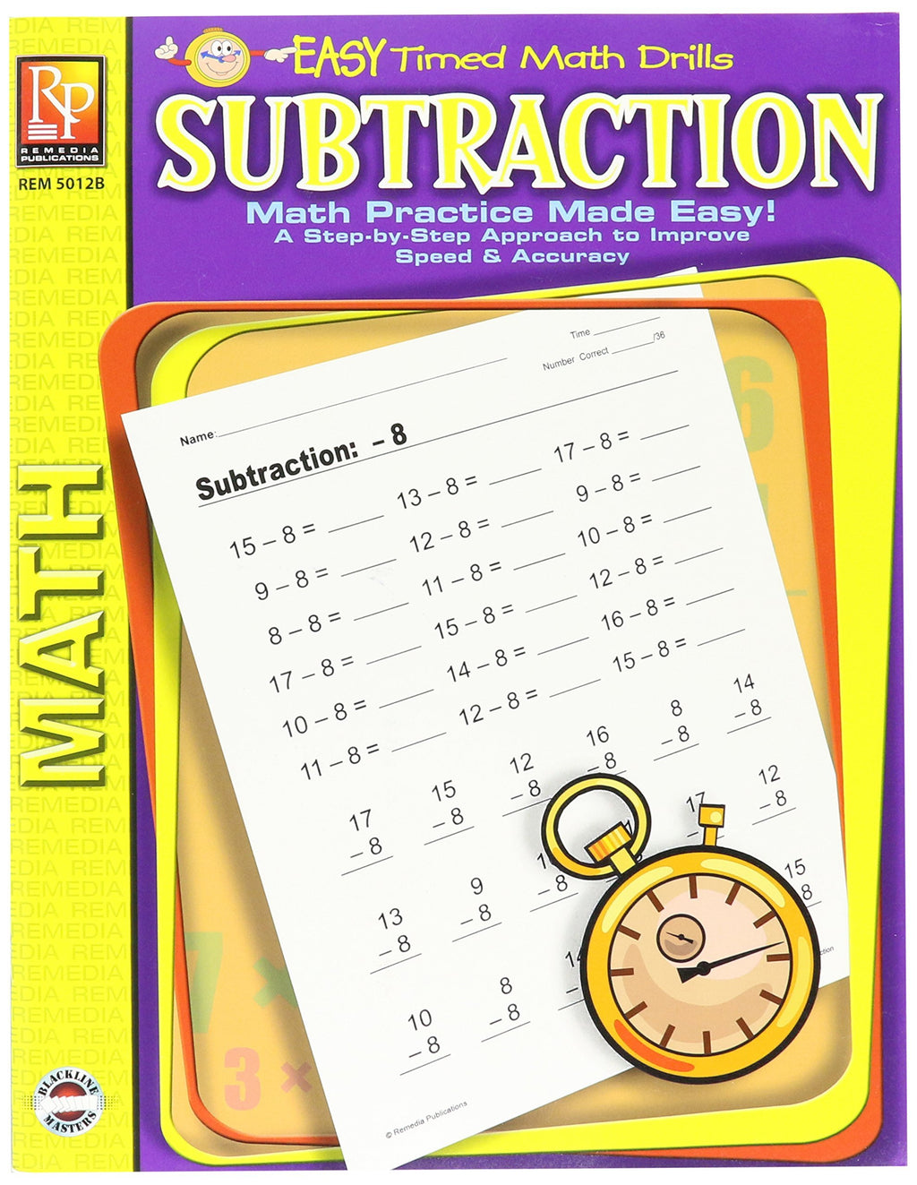 Remedia Publications REM5012B Subtraction Easy Timed Math Drills Book, 8.6" Wide, 11.4" Length, 0.3" Height