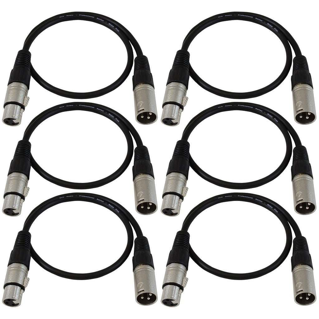 [AUSTRALIA] - GLS Audio 2ft Patch Cable Cords - XLR Male to XLR Female Black Cables - 2' Balanced Snake Cord - 6 Pack 