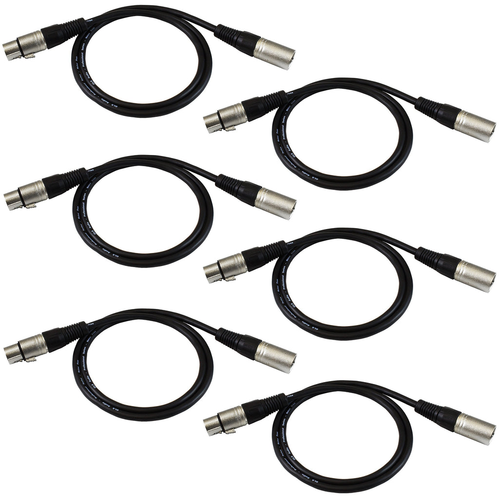 [AUSTRALIA] - GLS Audio 3ft Patch Cable Cords - XLR Male to XLR Female Black Cables - 3' Balanced Snake Cord - 6 Pack 