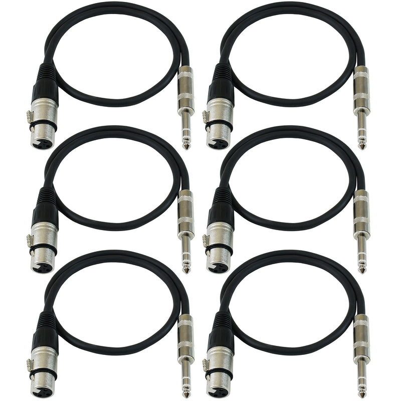 [AUSTRALIA] - GLS Audio 2ft Patch Cable Cords - XLR Female to 1/4" TRS Black Cables - 2' Balanced Snake Cord - 6 Pack 