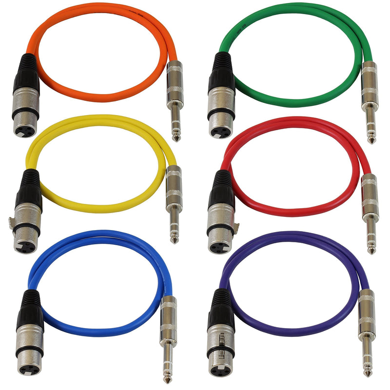 [AUSTRALIA] - GLS Audio 2ft Patch Cable Cords - XLR Female to 1/4" TRS Color Cables - 2' Balanced Snake Cord - 6 Pack 
