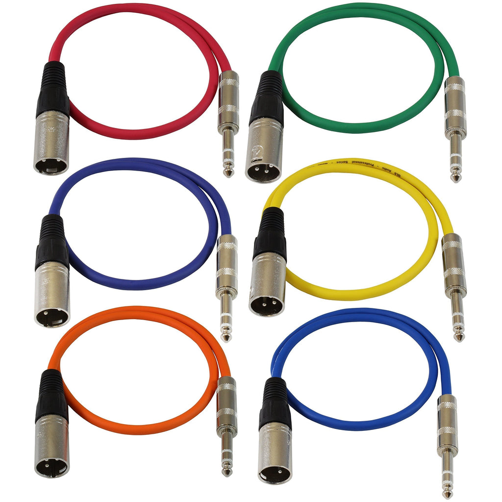 [AUSTRALIA] - GLS Audio 2ft Patch Cable Cords - XLR Male to 1/4" TRS Color Cables - 2' Balanced Snake Cord - 6 Pack 