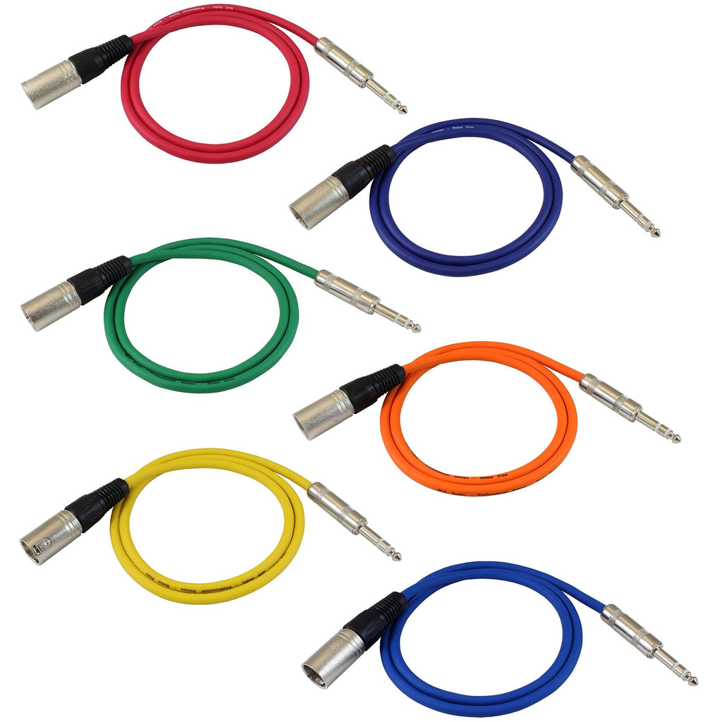 [AUSTRALIA] - GLS Audio 3ft Patch Cable Cords - XLR Male to 1/4" TRS Color Cables - 3' Balanced Snake Cord - 6 Pack 