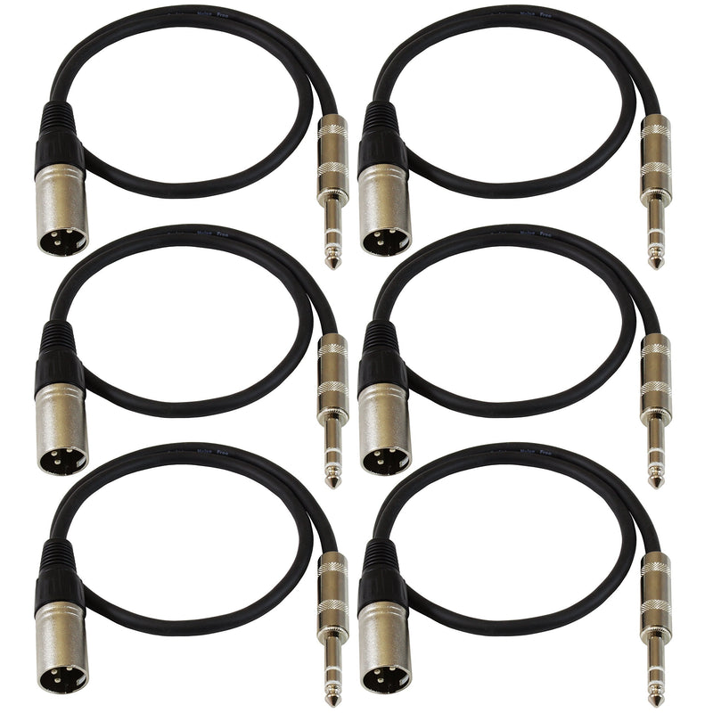 [AUSTRALIA] - GLS Audio 2ft Patch Cable Cords - XLR Male to 1/4" TRS Black Cables - 2' Balanced Snake Cord - 6 Pack 