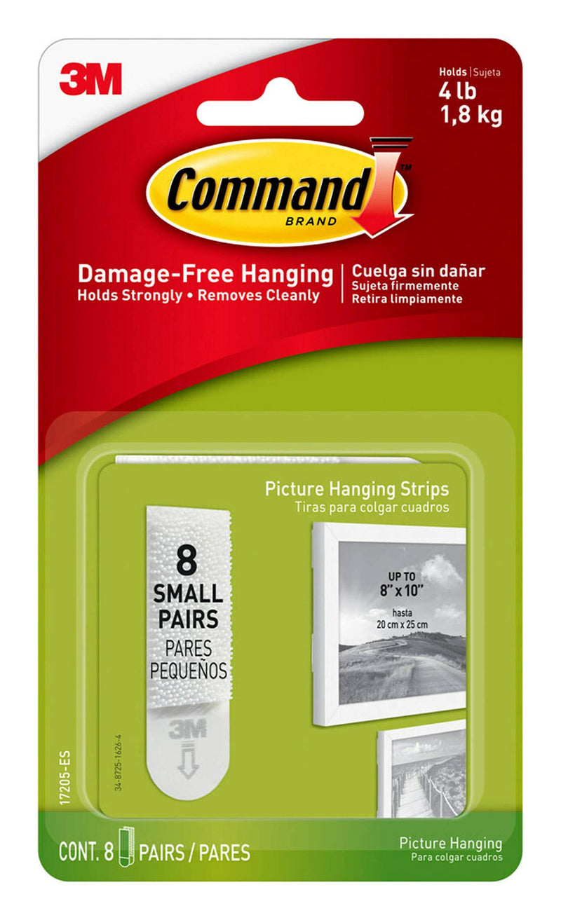 Command Small Picture Hanging Strips, Holds up to 4lbs., 8-Pairs (16-Strips), Decorate Damage-Free 8 Pairs White