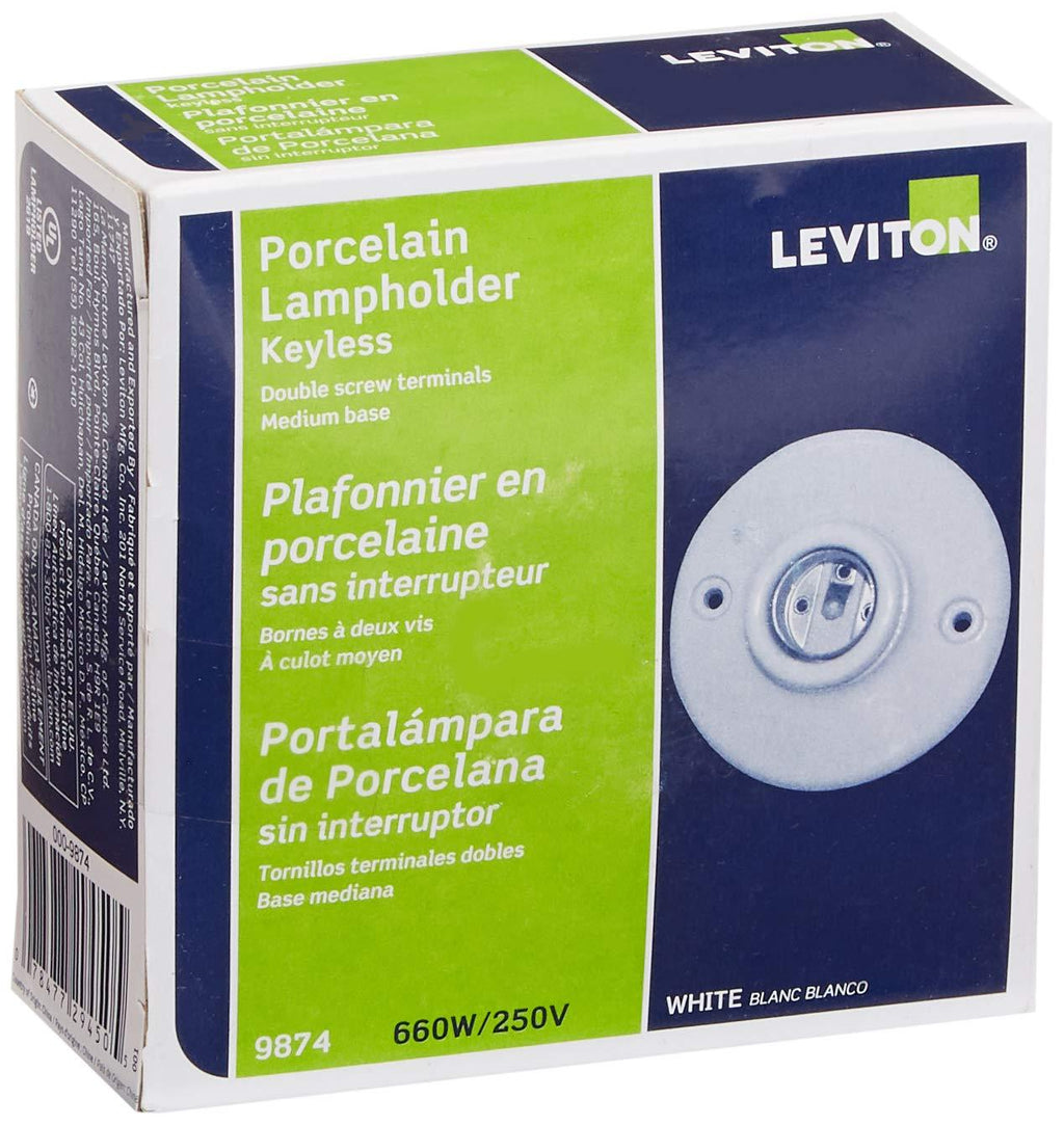 Leviton 9874 Porcelain Outlet Box Mount, Incandescent Ceiling Lampholder, Keyless, White, 3-3/4"