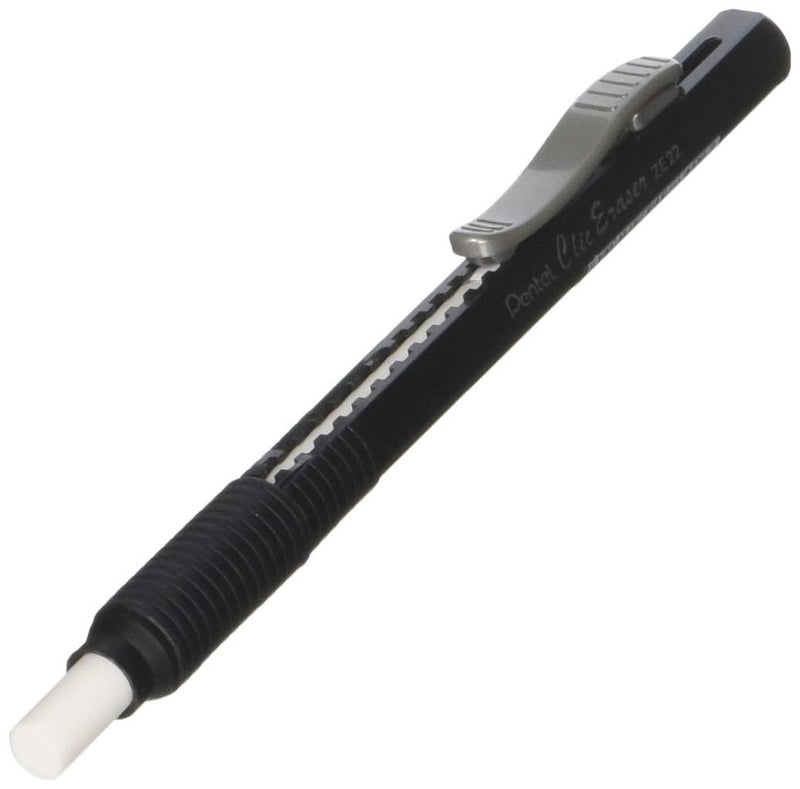 Pentel Clic Eraser, Retractable, Pocket Clip, Rubber Grip, Black Barrel (PENZE22A)