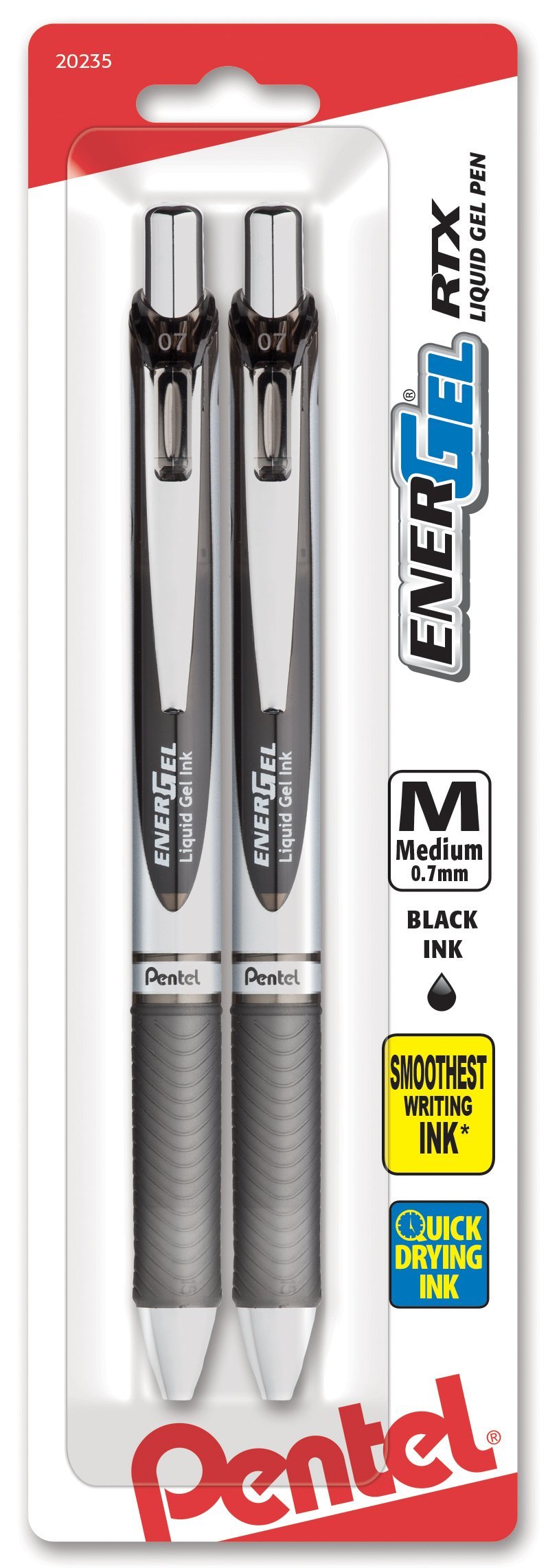 Pentel EnerGel Deluxe RTX Retractable Liquid Gel Pen, 0.7mm, Metal Tip, Black Ink, 2 Pack (BL77BP2A)