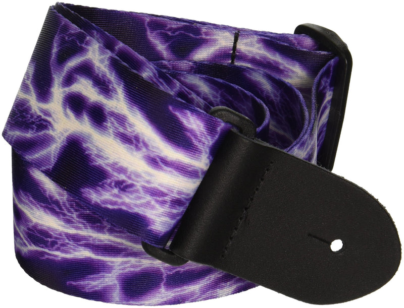 Perris Leathers | Polyester Guitar Strap (Purple Lightning) Double Sided Design for Kids & Adults, Leather Ends, Fits Acoustic Bass & Electric Guitars