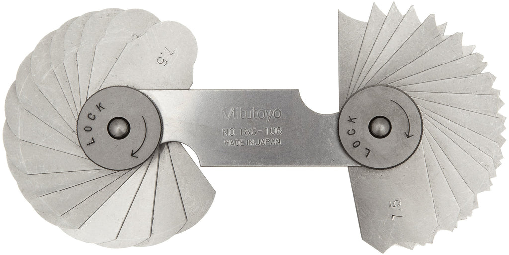 Mitutoyo 186-106, Radius Gage Set, 32 Pairs of Leaves, 7.5mm to 15mm by 0.5mm