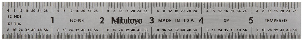 Mitutoyo 182-104, Steel Rule, 6" (3R), (1/32, 1/64, 1/10, 1/50"), 3/64" Thick X 3/4" Wide, Satin Chrome Finish Tempered Stainless Steel