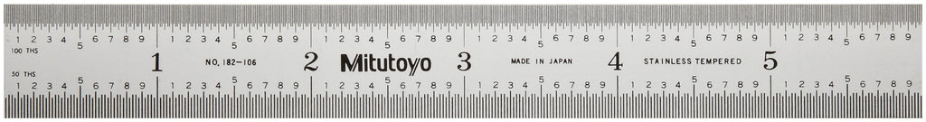 Mitutoyo 182-106, Steel Rule, 6"/150mm ( 1/50, 1/100", 1mm, 0.5mm), 3/64" Thick X 3/4" Wide, Satin Chrome Finish Tempered Stainless Steel
