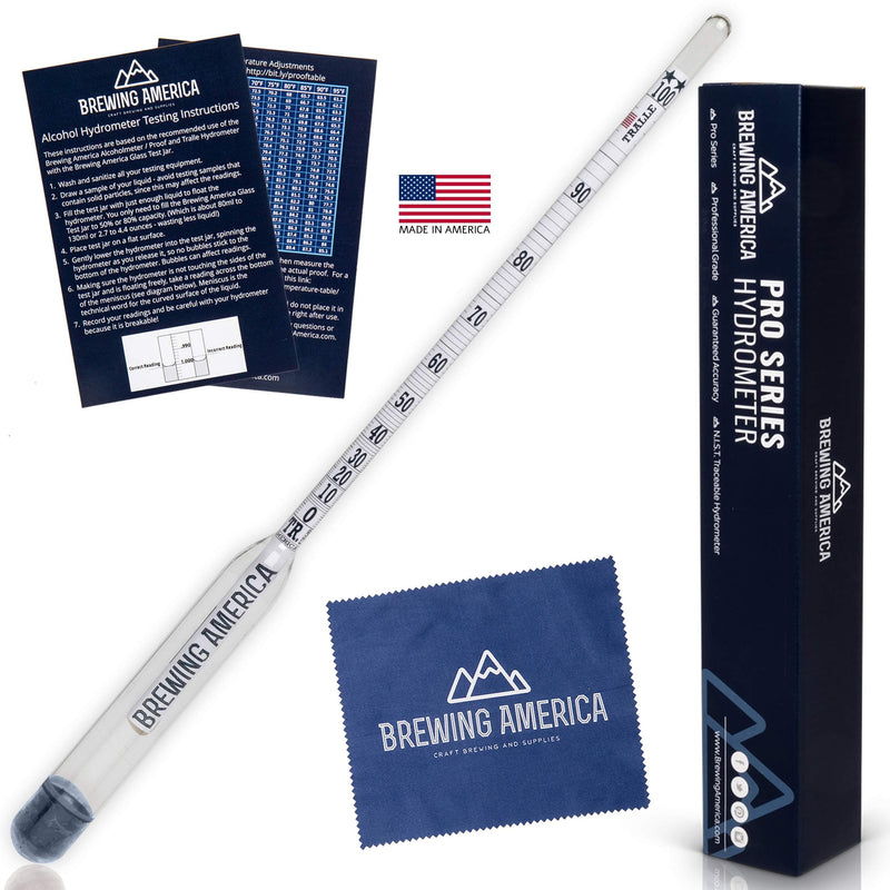 American-Made Alcohol Hydrometer Tester 0-200 Proof & Tralle Pro Series Traceable - Distilling Moonshine Alcoholmeter for Proofing Distilled Spirits