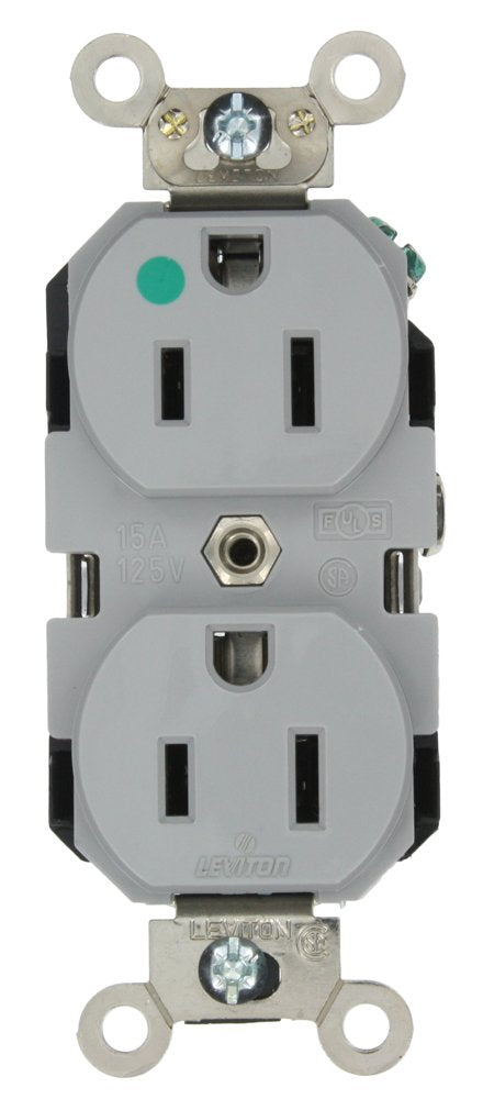 Leviton 8200-GY 15-Amp, 125-Volt, Extra Heavy Duty Hospital Grade, Duplex Receptacle, Straight Blade, Self Grounding, Back and Side Wired, Gray Image