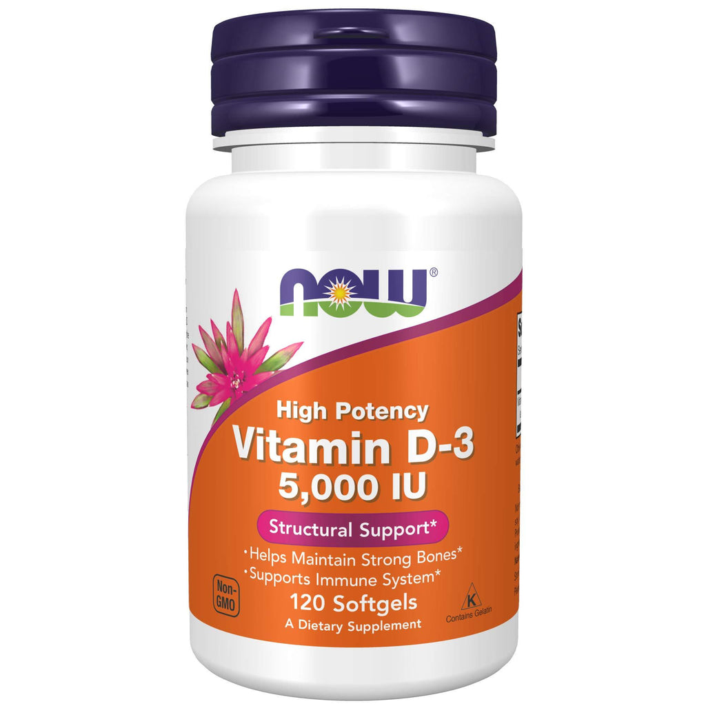 NOW Supplements, Vitamin D-3 5,000 IU, High Potency, Structural Support*, 120 Softgels 120 Count (Pack of 1)
