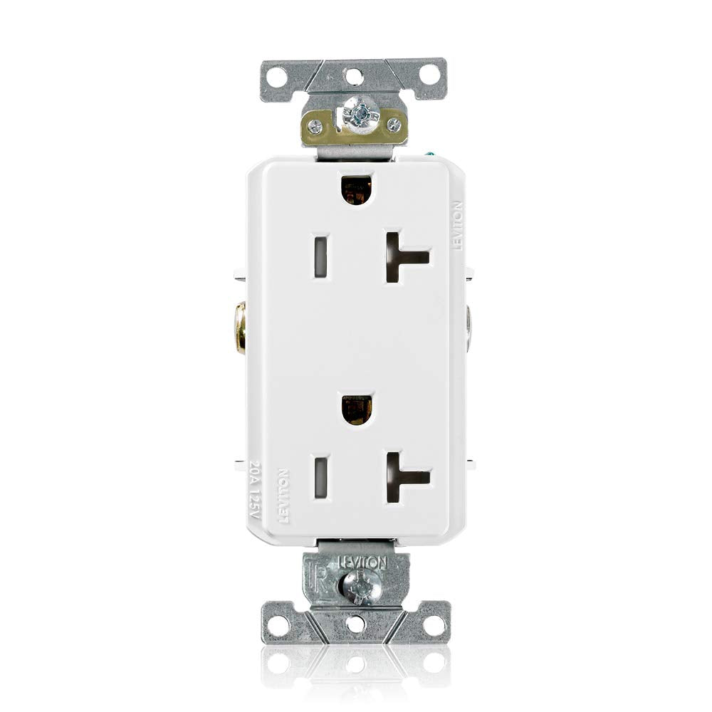 Leviton TDR20-W 20 Amp, 125 Volt, Tamper Resistant, Decora Plus Duplex Receptacle, Straight Blade, Commercial Grade, Self Grounding, White