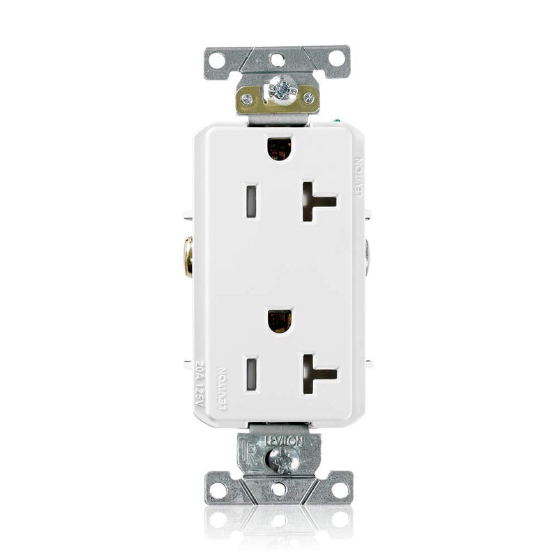 Leviton TDR20-W 20 Amp, 125 Volt, Tamper Resistant, Decora Plus Duplex Receptacle, Straight Blade, Commercial Grade, Self Grounding, White