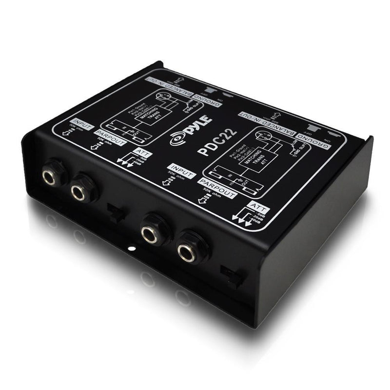 Premium Direct Injection Audio Box - Passive DI Unit Hum Eliminator w/ Input Attenuator to Connect Guitar & Bass - 1/4 Inch Impedance Transformer Connector to Balanced & Unbalanced XLR - Pyle PDC22