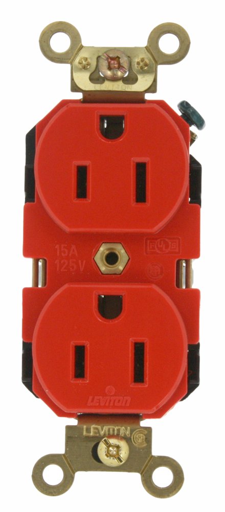 Leviton 5262-R 15-Amp, 125 Volt, Industrial Extra Heavy Duty Grade, Duplex Receptacle, Straight Blade, Self Grounding, Red