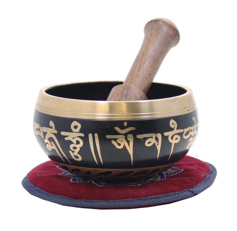 DharmaObjects Tibetan Meditation Om Mani Padme Hum Peace Singing Bowl With Mallet Small Black