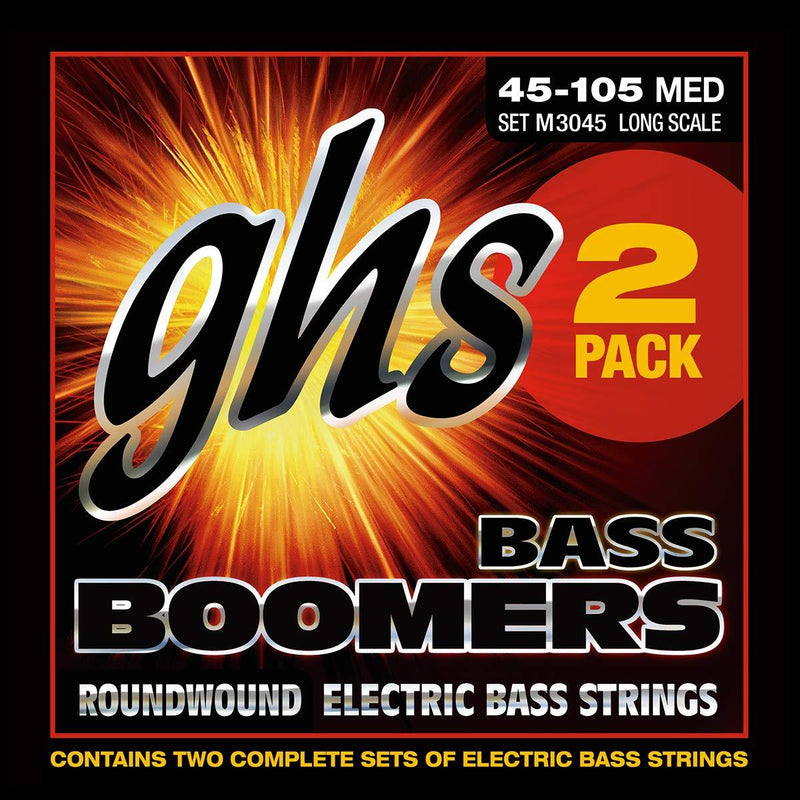 GHS Strings M3045-2, 4-String Bass Boomers, Nickel-Plated Electric Bass Strings, Long Scale, Medium, 2 Pack (.045-.105),BLACK