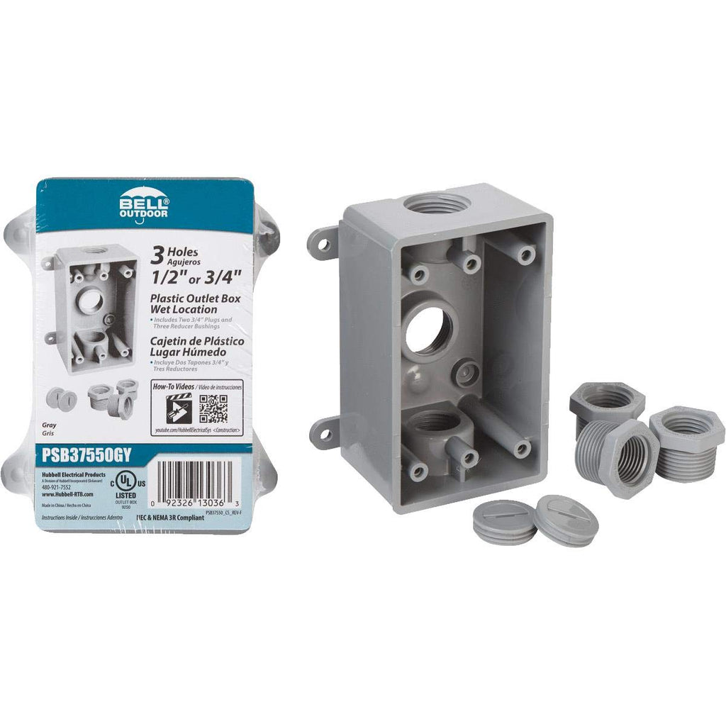 BELL PSB37550GY Single-Gang Weatherproof Three 1/2 in. or 3/4 in. Threaded Outlets, 2 in, Gray
