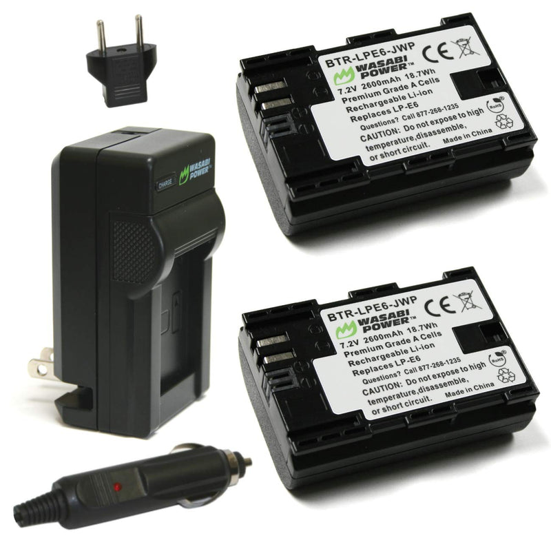Wasabi Power LP-E6, LP-E6N Battery (2-Pack) and Charger for Canon EOS 5D Mark II/III/IV, 5DS, 5DS R, 6D, 6D Mark II, 7D, 7D Mark II, 60D, 70D, 80D, 90D, R, R5, R6, Ra, XC10, XC15, BMPCC 4K, BMPCC 6K 2 Batteries + Charger