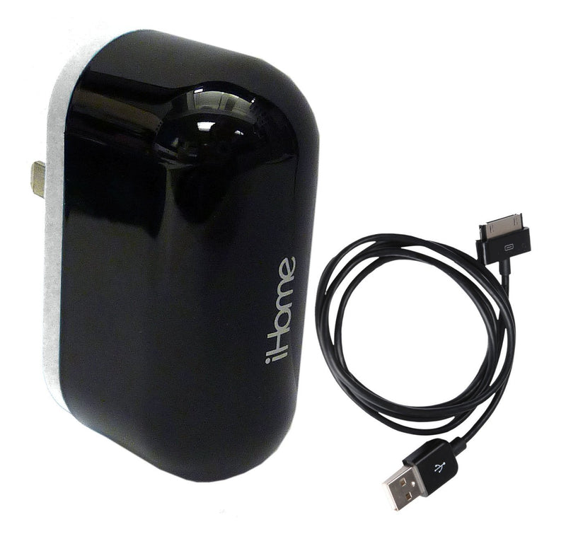 iHome High Power 2.1 Amp Output USB Wall Charger with Sync and Charge Cable for iPad-Black