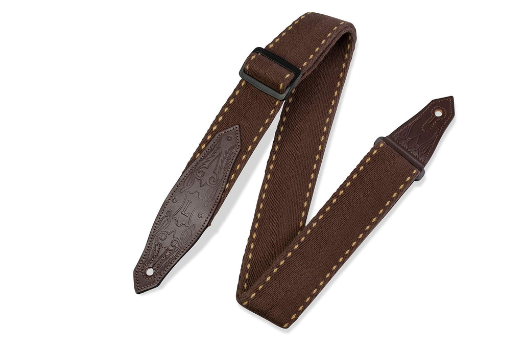 Levy's Leathers 2" Heavy-weight Guitar Strap with Contrasting Woven Border, Cowboy Boot Design Leather Ends; Brown (MSSC80-BRN)