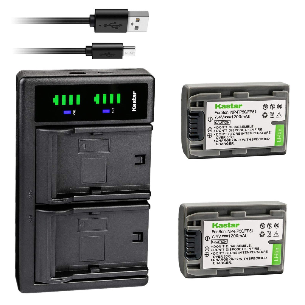 Kastar 2Pcs Battery and Charger for Sony NP-FP30 NP-FP50 NP-FP70 NP-FP90 and Sony DCR-DVD105 DCR-DVD202 DCR-DVD203 DCR-DVD205 DCR-DVD305 DCR-DVD403 DCR-DVD405 DCR-DVD505 DCR-DVD92 DCR-SR80 HDR-HC3