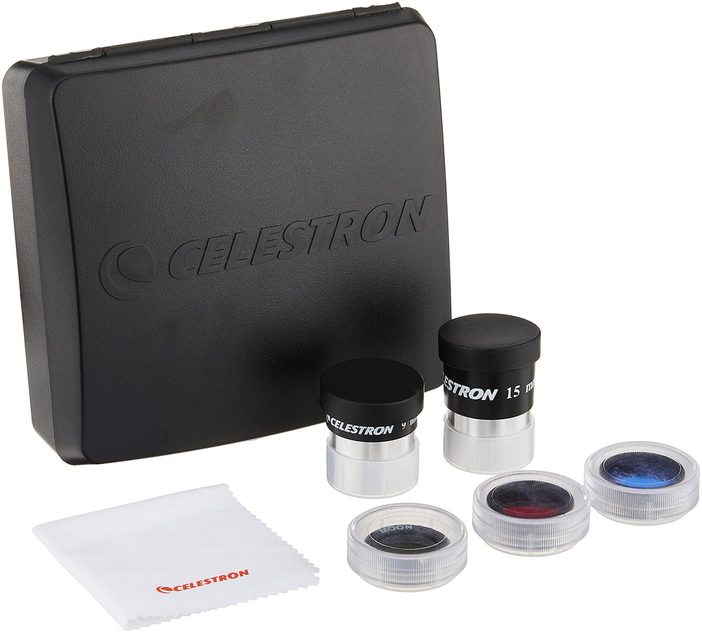 Celestron - PowerSeeker Telescope Accessory Kit - Includes 2x 1.25" Kellner Eyepieces, 3 Colored Telescope Filters, and Cleaning Cloth - Telescope Eyepiece Kit for Beginners