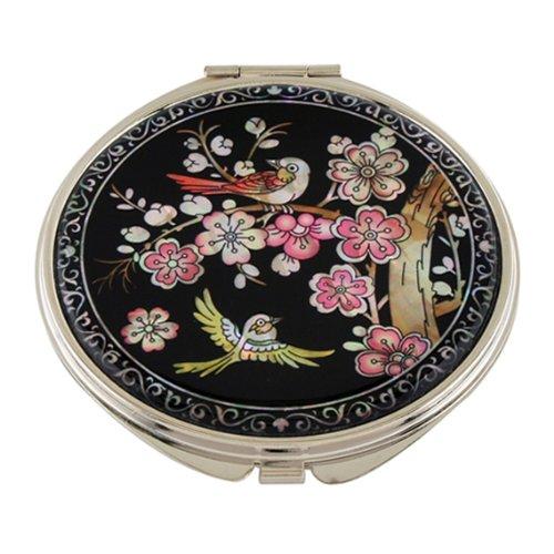 Mother of Pearl Pink Korean Plum Flower Tree and Bird Design Double Compact Magnifying Purse Mirror