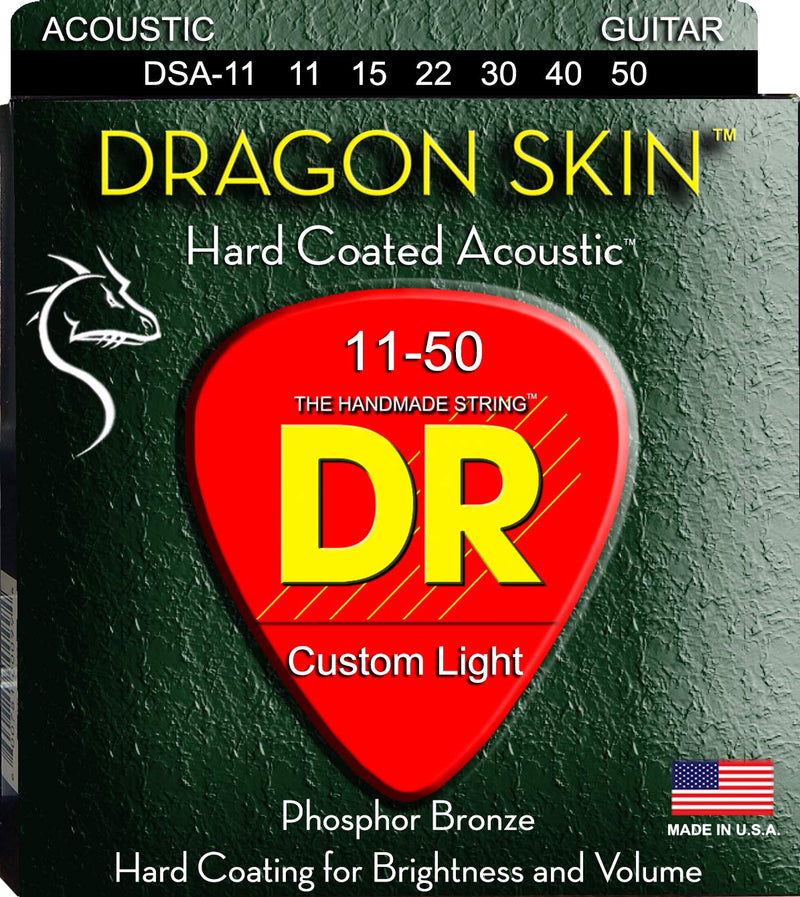 DR Strings DSA-11 Coated Phosphor Bronze Acoustic Guitar Strings, Custom 11-50 Silver