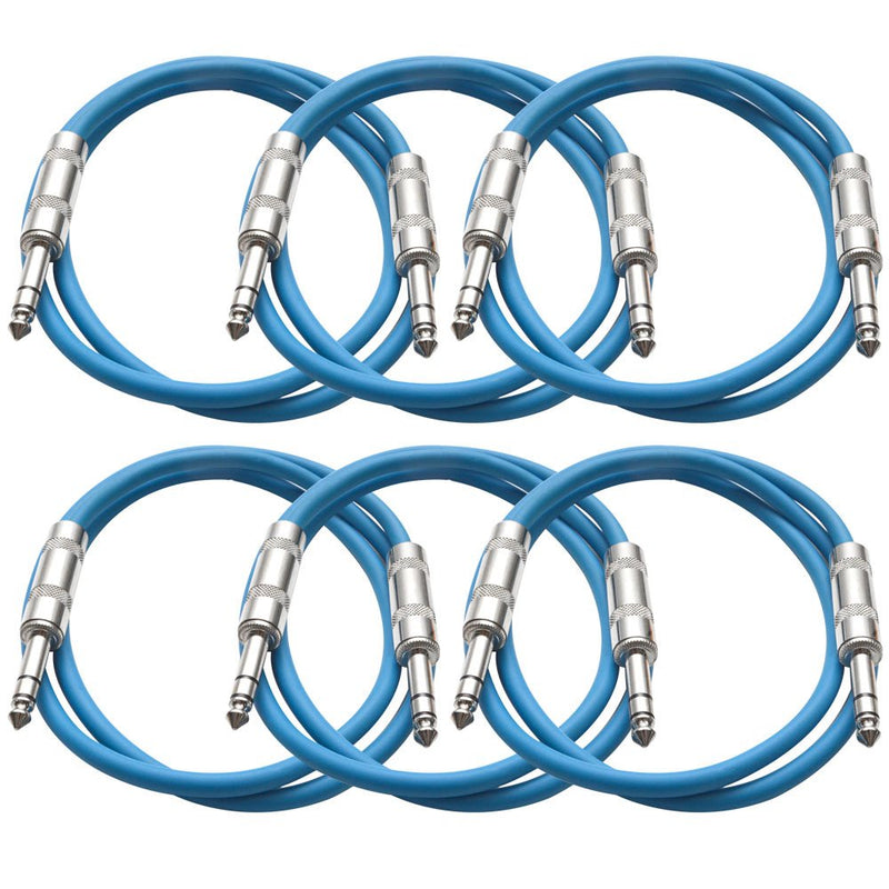 Seismic Audio SATRX-2Blue6 6 Pack of Blue 2' 1/4"TRS to 1/4" TRS Patch Cables 2 Foot